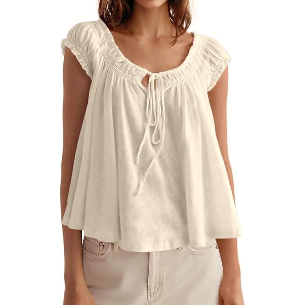 Y2K Tie Front Babydoll Top | Beige Flowy Cap Sleeve Peplum
